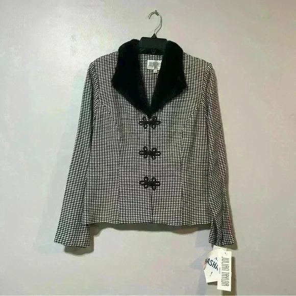 Julian Taylor Vintage Houndstooth Blazer With Faux Fur Collar Size 12 90s Black - Picture 3 of 14